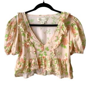 SALTWATER LUXE Cropped Floral Blouse Puffed Sleeve Ruffle Orange Small
